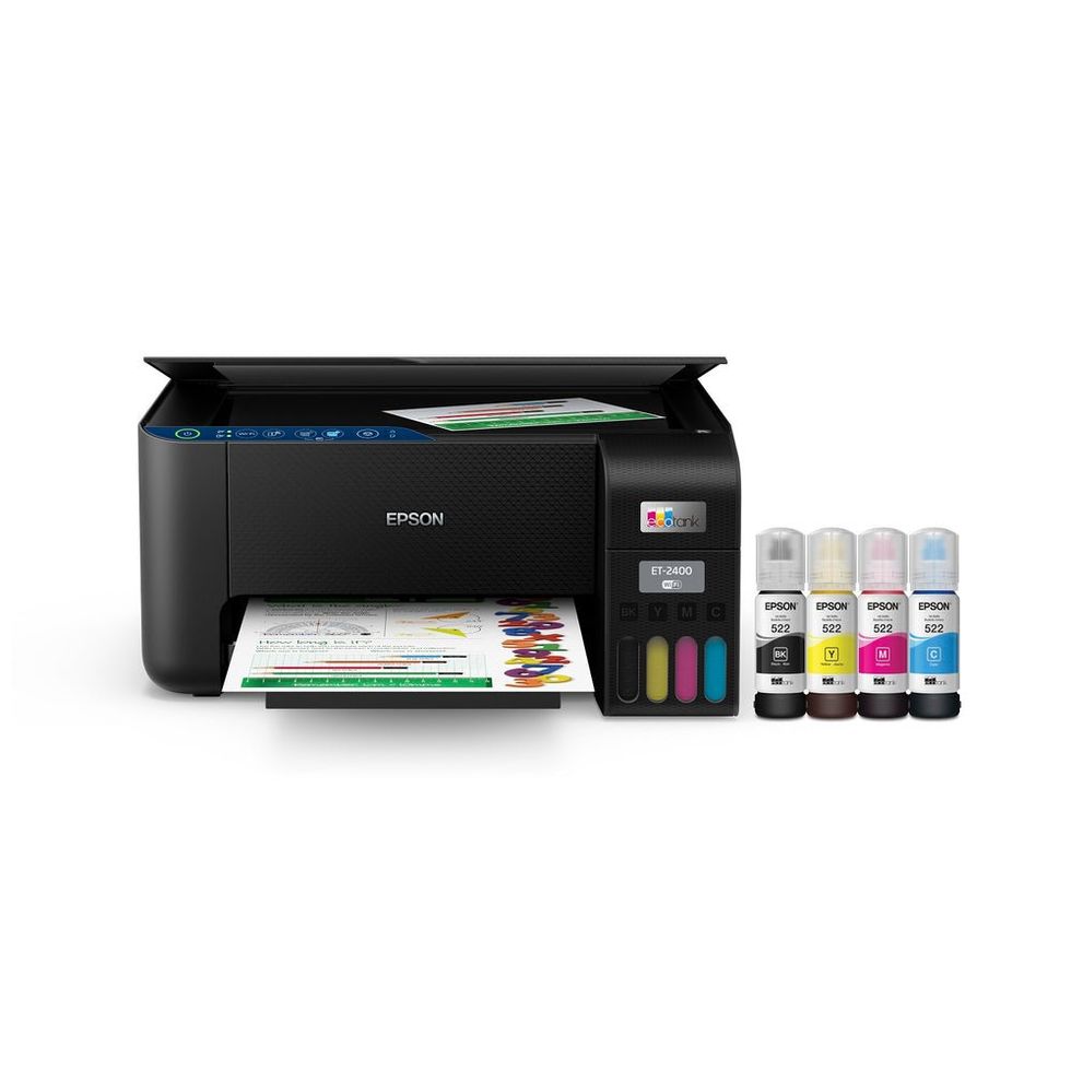 Imprimante Epson avec une feuille qui imprime et des bouteilles d'encre EcoFit dispos\u00e9es \u00e0 proximit\u00e9.