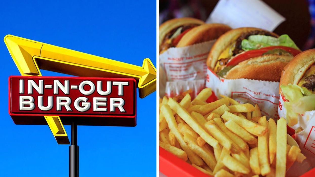 In-N-Out sign. Right: In-N-Out burger and fries.