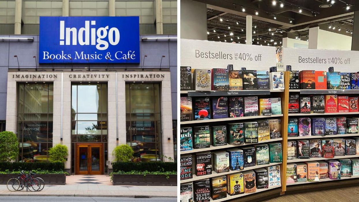 Indigo storefront in Toronto. Right: Books on display at an Indigo in Ontario.