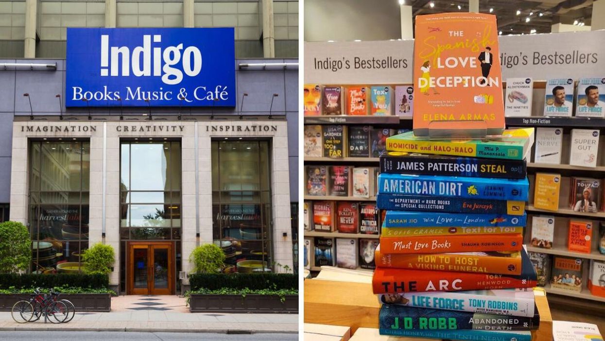 Indigo storefront in Toronto. Right: Books stacked on display at an Indigo store.