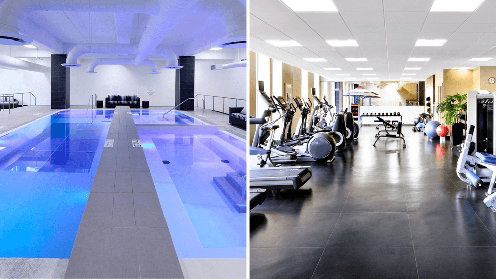 Indoor pool and whirlpool at The Westin Montreal. Right: Fully equipped fitness centre at The Westin Montreal.