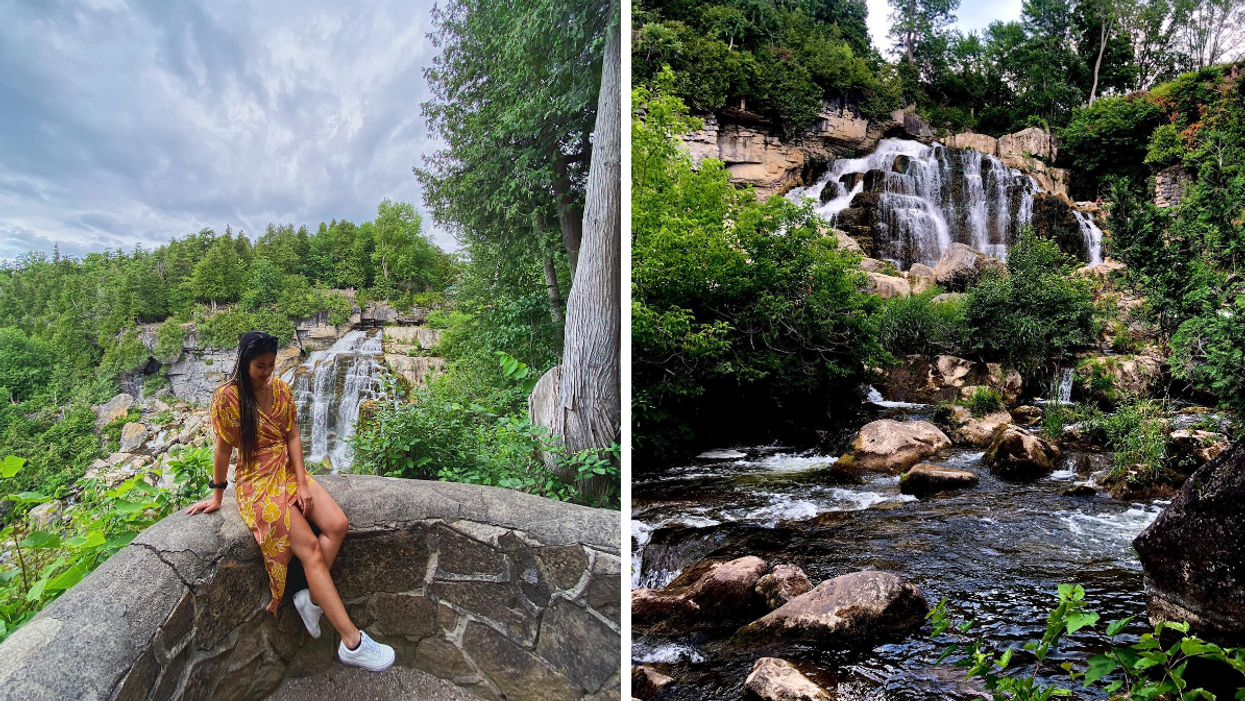 Inglis falls cascading over rocks and greenery in Ontario.