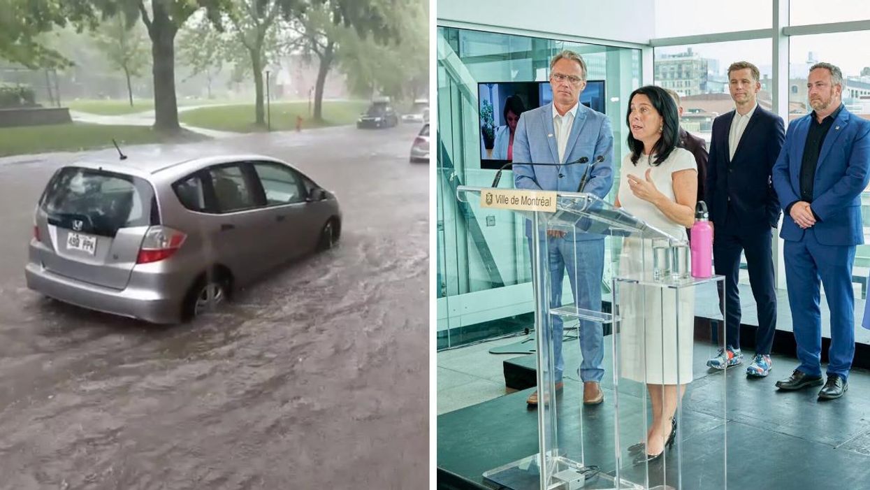 Inondations à Montréal, septembre 2022. Droite : Valérie Plante et les maires des grandes villes du Québec.