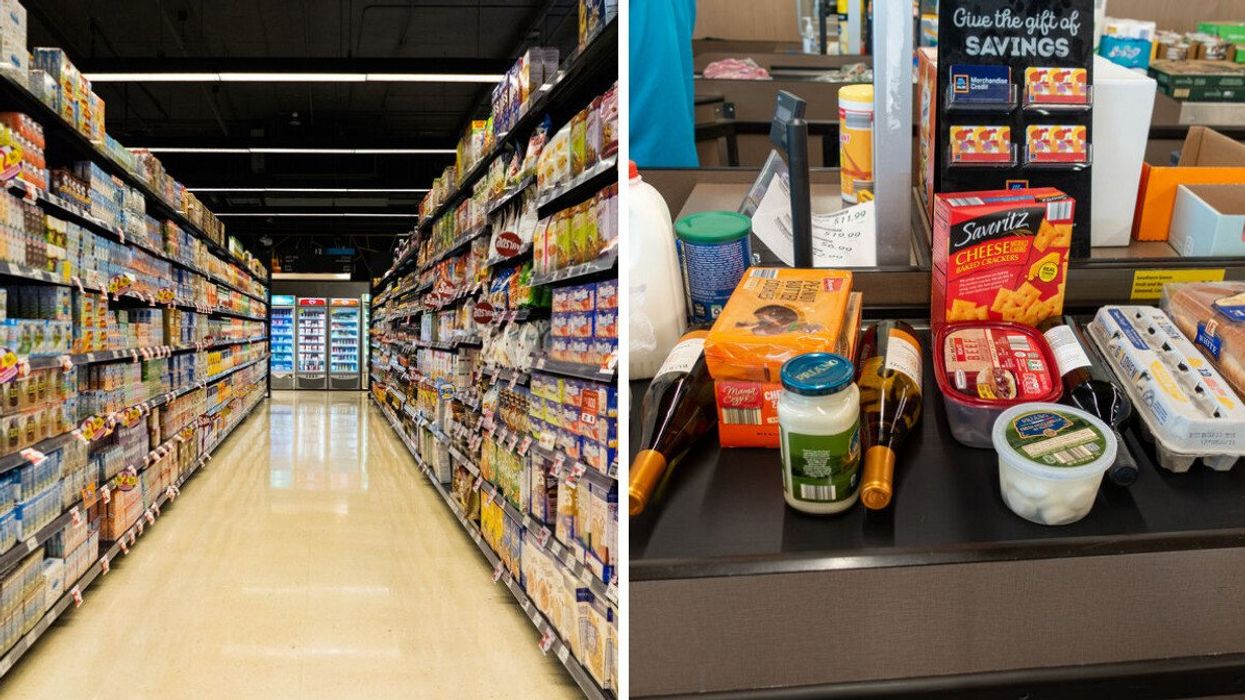Inside a grocery store. Right: Groceries lined up on a check out.