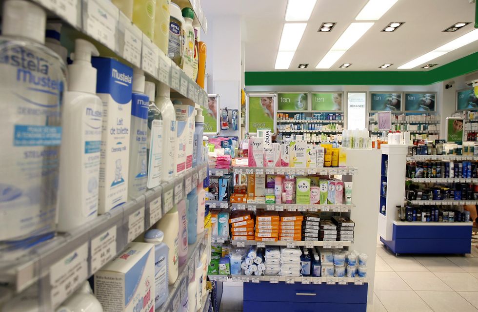 Inside a pharmacy.