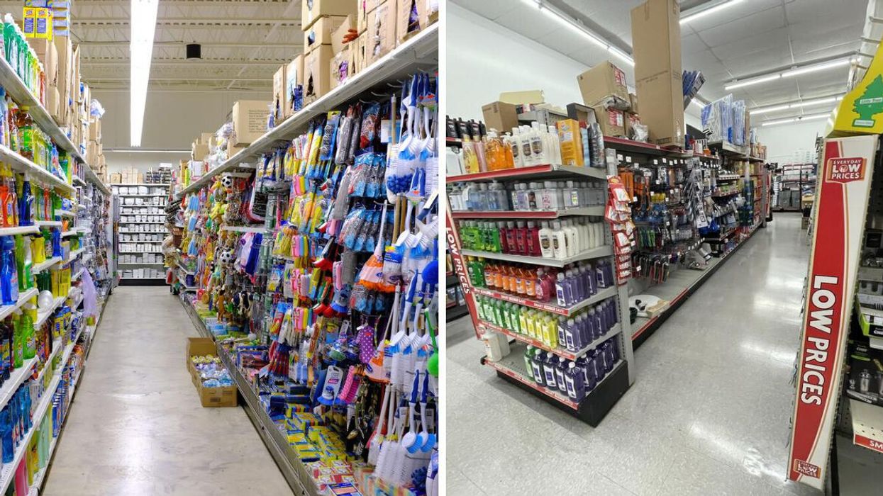Inside a store. Right: Shelfs at a dollar store.