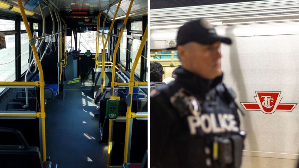 Inside a TTC bus. Right: A Toronto police officer patrolling a TTC subway station.