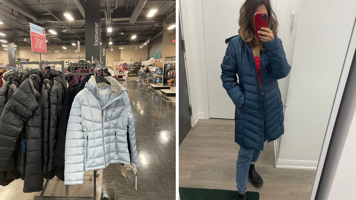 Inside a Winners in Toronto. Janice Rodrigues wearing a winter jacket.