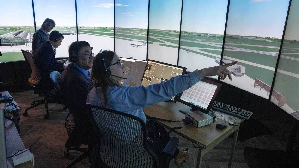 Inside an air traffic control simulator.