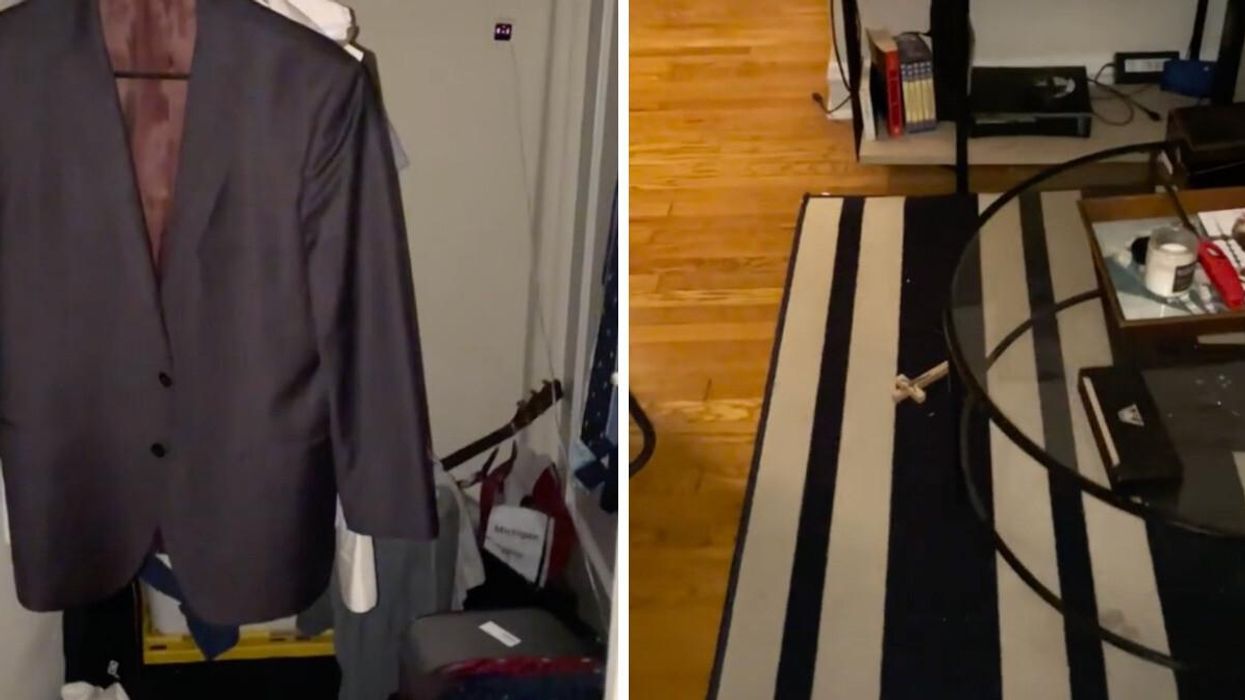 Inside Dom Matigian's closet in his Chicago home. Right: A cross in one of Matigian's viral TikTok videos.