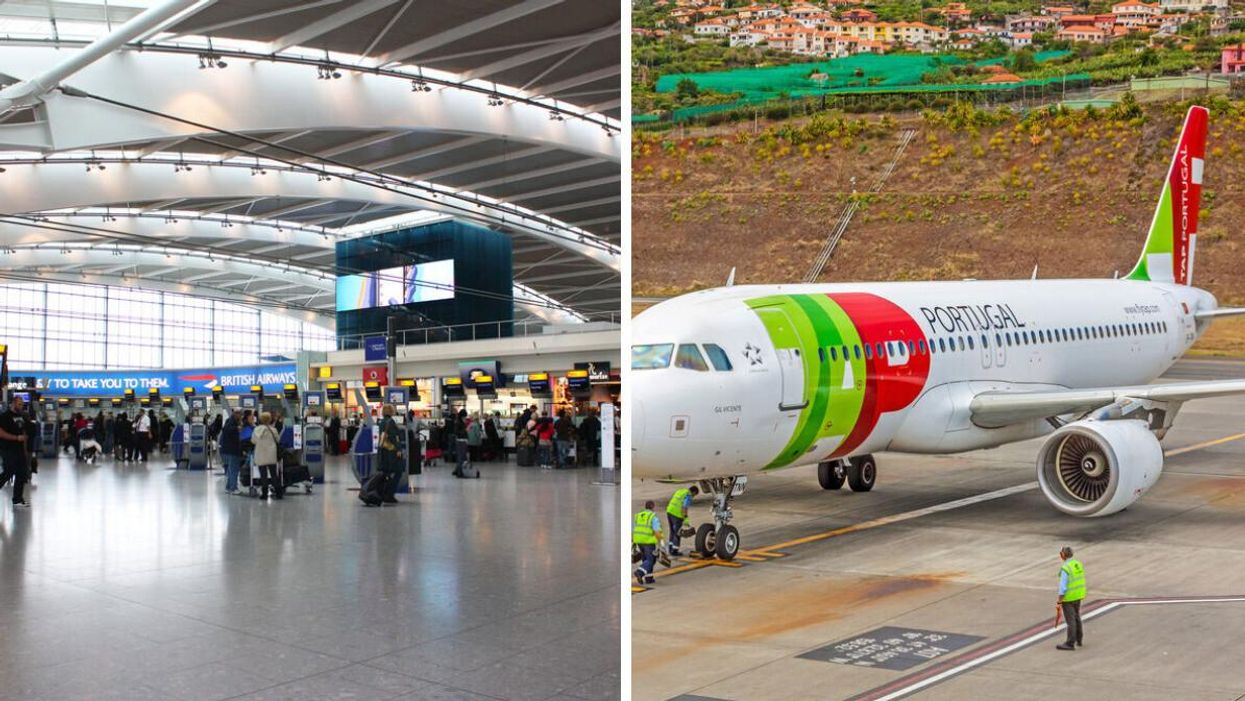 Inside London Heathrow airport. Right: A TAP Portugal airline plane.