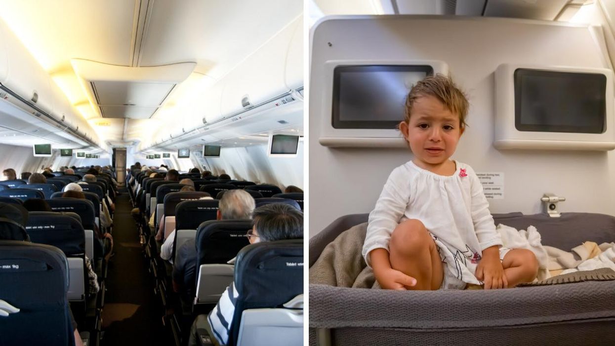 Inside of a plane. Right: A Crying toddler on a plane.