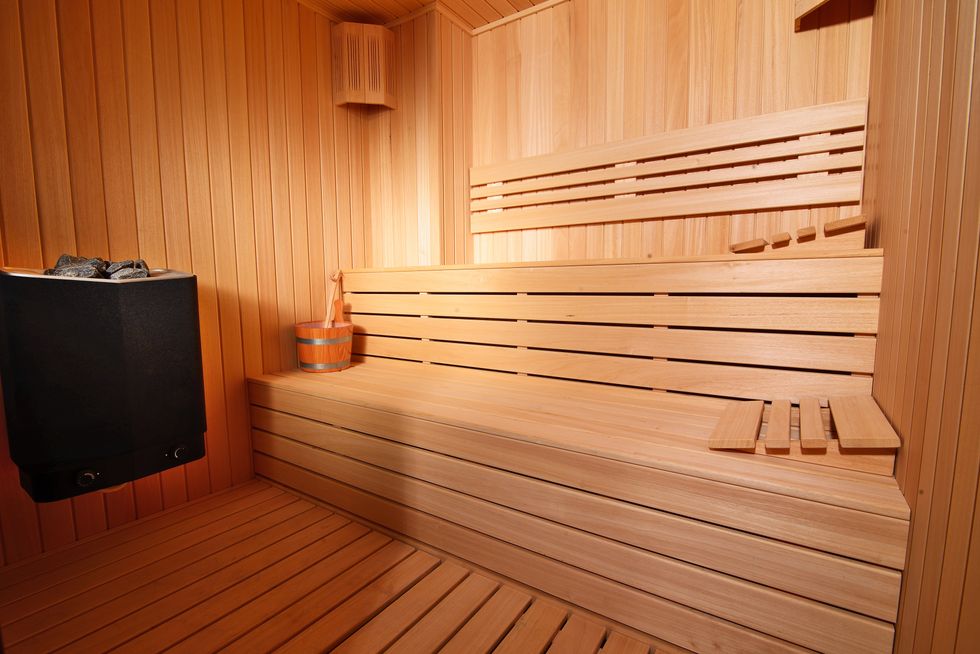 Inside of a sauna.