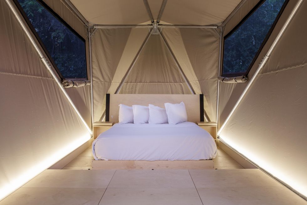 Inside of solar powered "jupe" tent designed by Tesla and SpaceX.