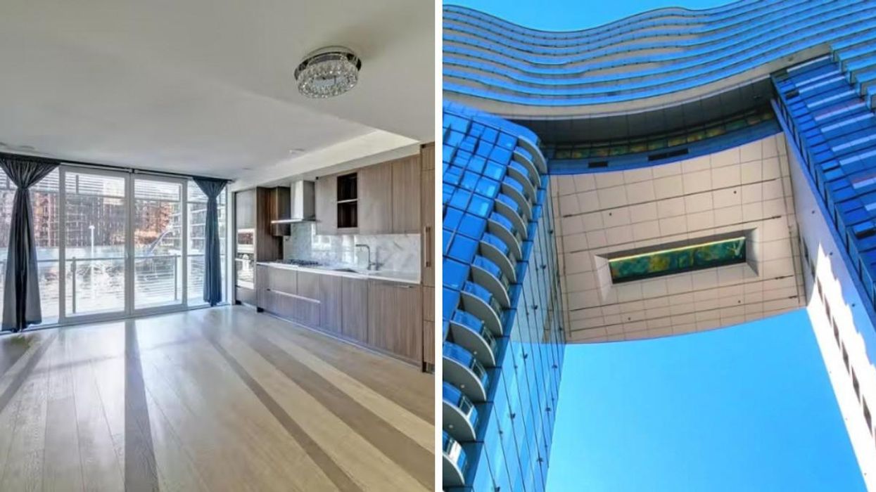 Inside of the condo for sale. Outside upward view of the pool in the building.