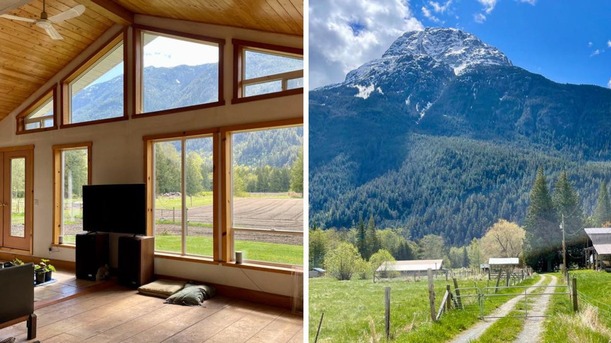 Inside of the home. Right: Property field and mountain views.