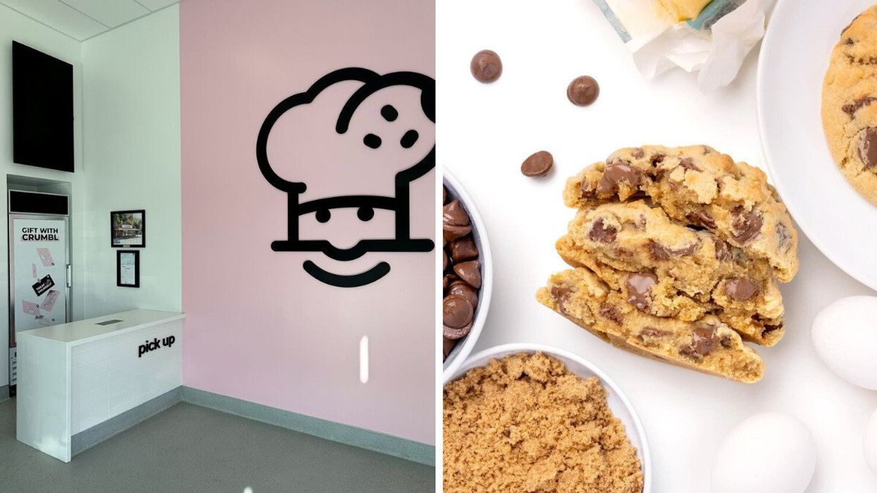 Inside the Edmonton Crumble Cookies store. Right: Crumbl Cookies.