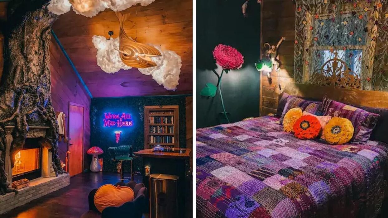 Inside the Mad Hatter Cottage in Georgia. Right: A bedroom inside the Mad Hatter Cottage in Georgia.