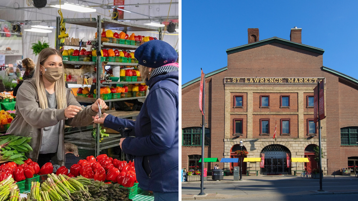 Inside the St. Lawrence Market. Right: Outside the St. Lawrence Market.