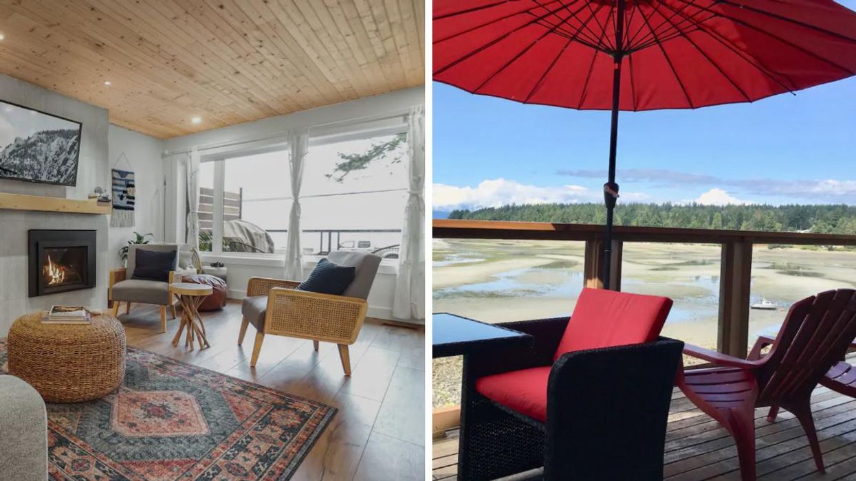 Inside view of Airbnb. Right: Outside deck view of ocean and Airbnb.