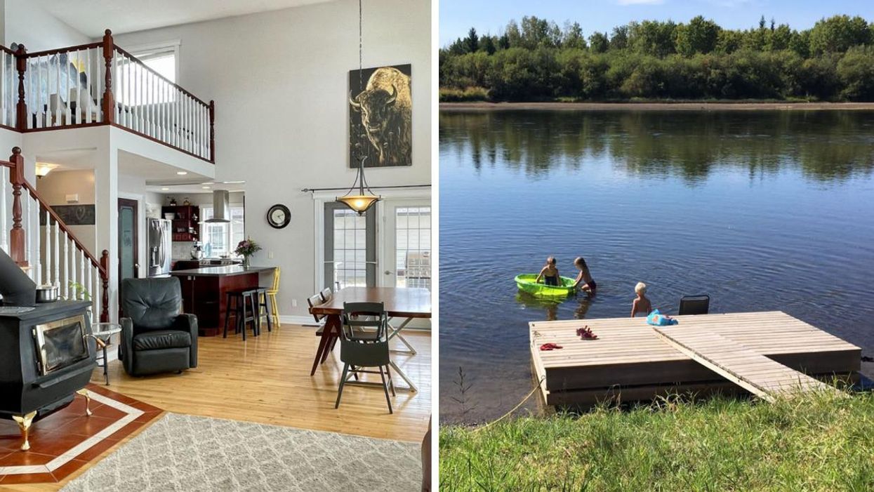 Inside view of the home. Right: River and dock in backyard of home.