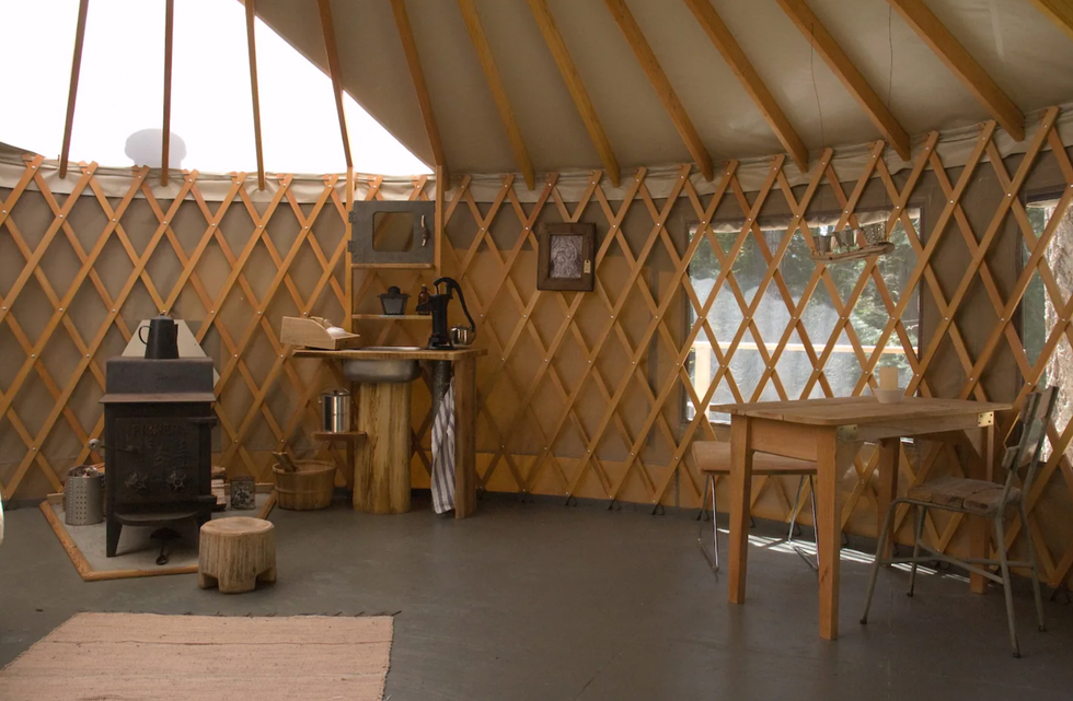 Inside yurt Airbnb on Cortes Island.