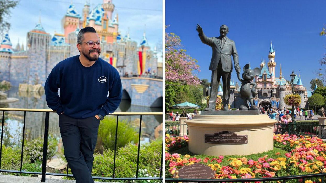 Instagram user Erick posing in front of a Disney castle. Right: A statue of Walt Disney and Mickey Mouse.