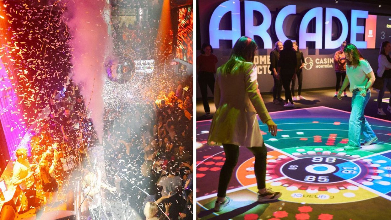 Intérieur d'un club avec des confettis dans l'air et des gens qui dansent. Droite : Des personnes qui s'amusent sur un jeu au sol.