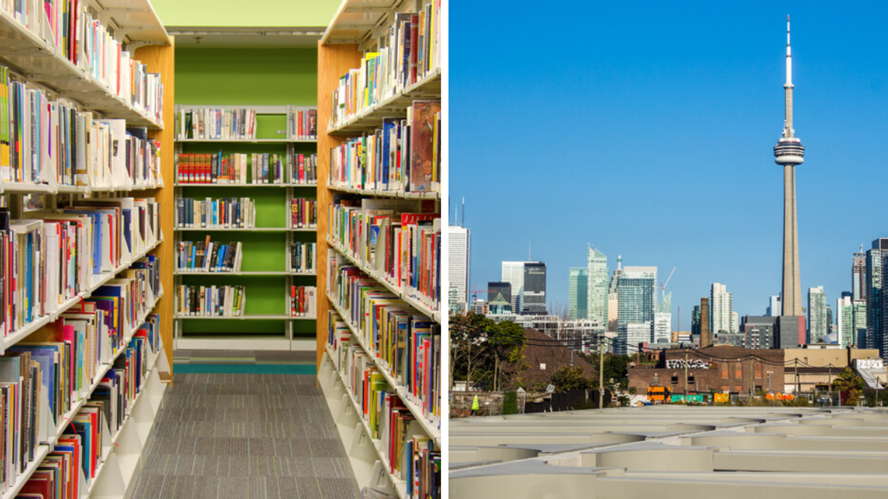 Interior of a library. Right: Toronto skyline.