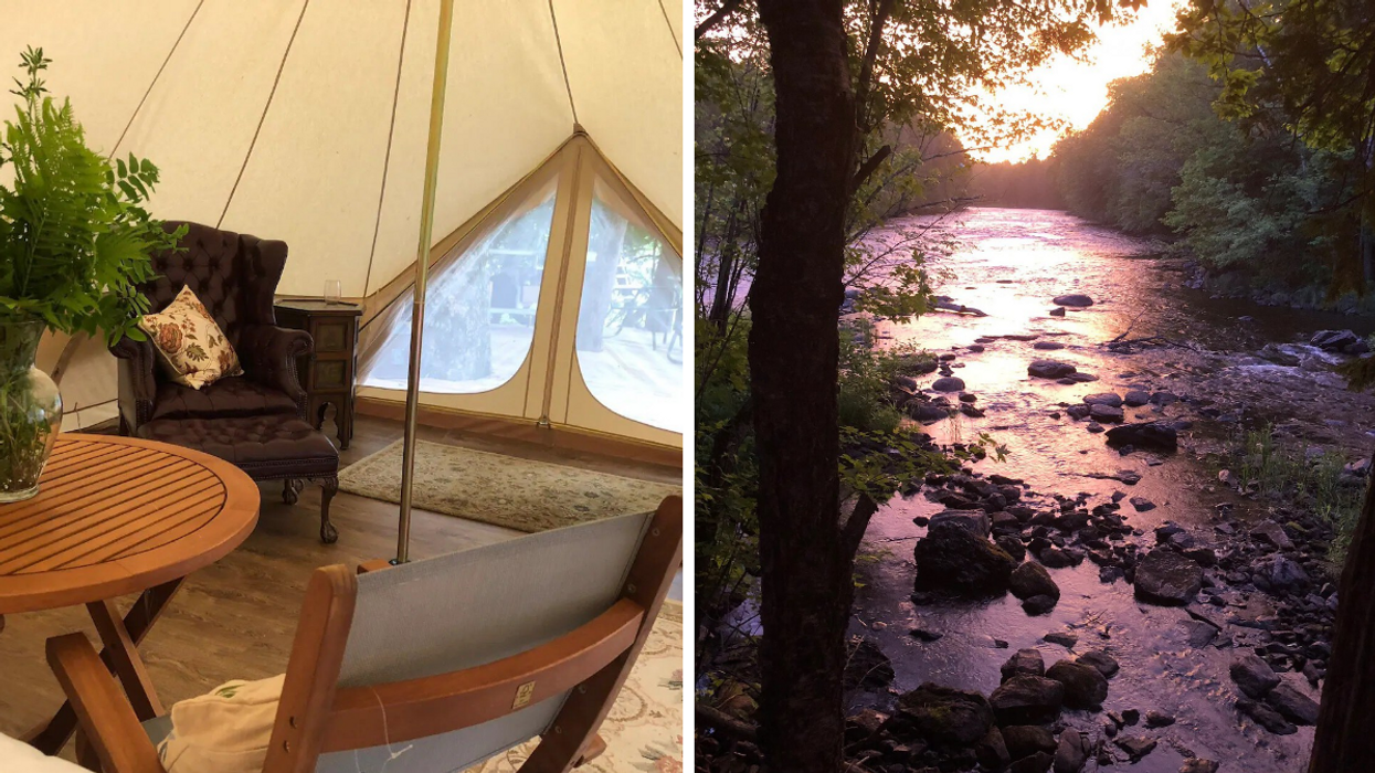 Interior of African safari-style tent with furniture for rent. Right: River views from private island Airbnb.