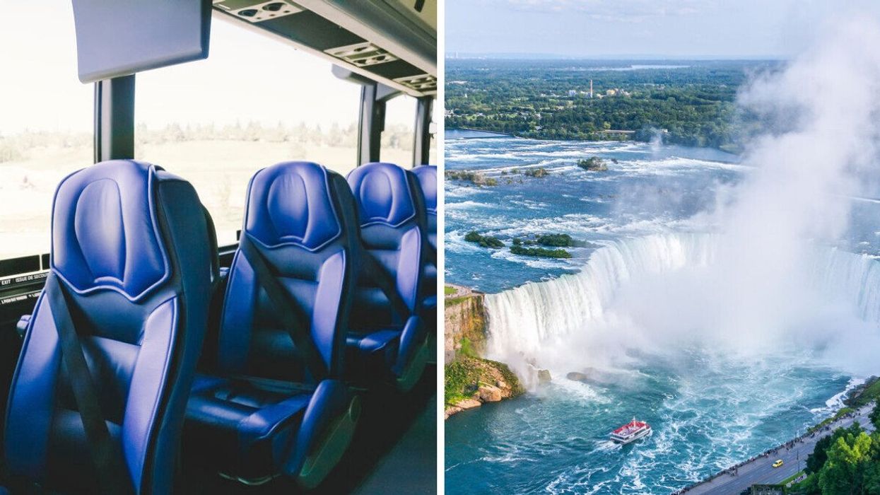 Interior of bus. Right: Niagara Falls.