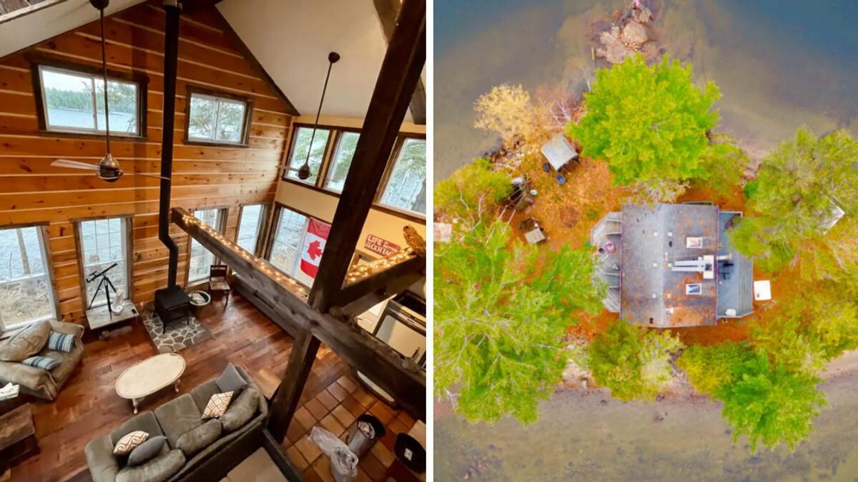 Interior of the cottage. Right: Aerial view of private island.