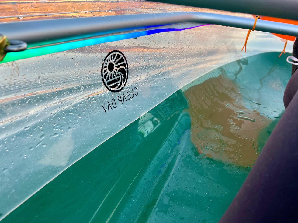 Interior of the transparent kayak with LED lights.