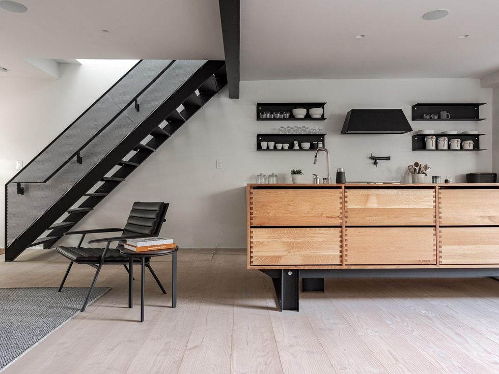 Interior with floating staircase.