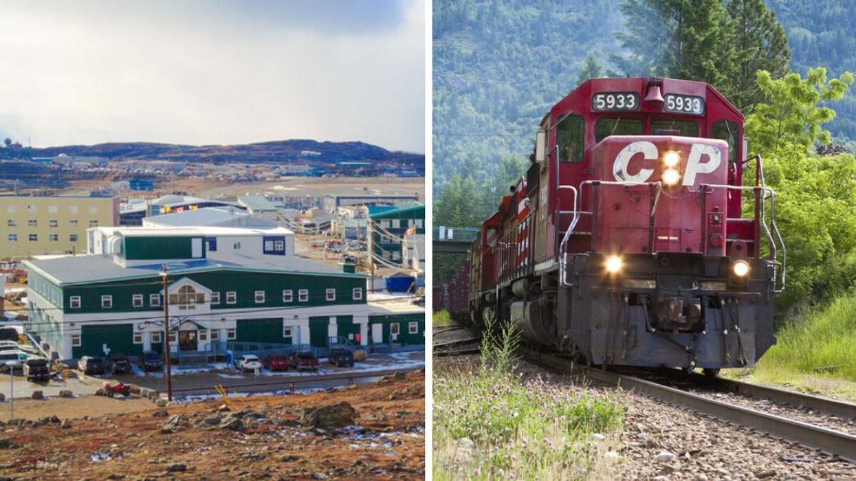 Iqaluit, Nunavut. Right: A CP Rail train.