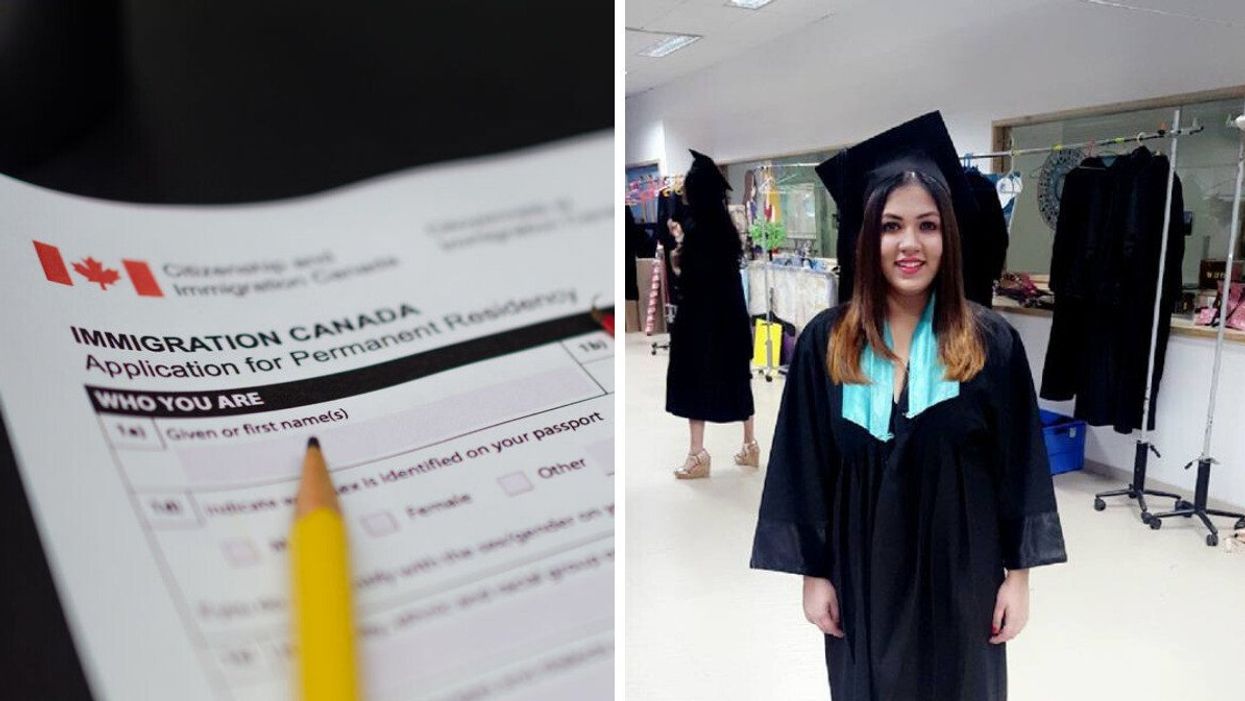 IRCC application form. Right: Rhythm Sachdeva at her high-school graduation.