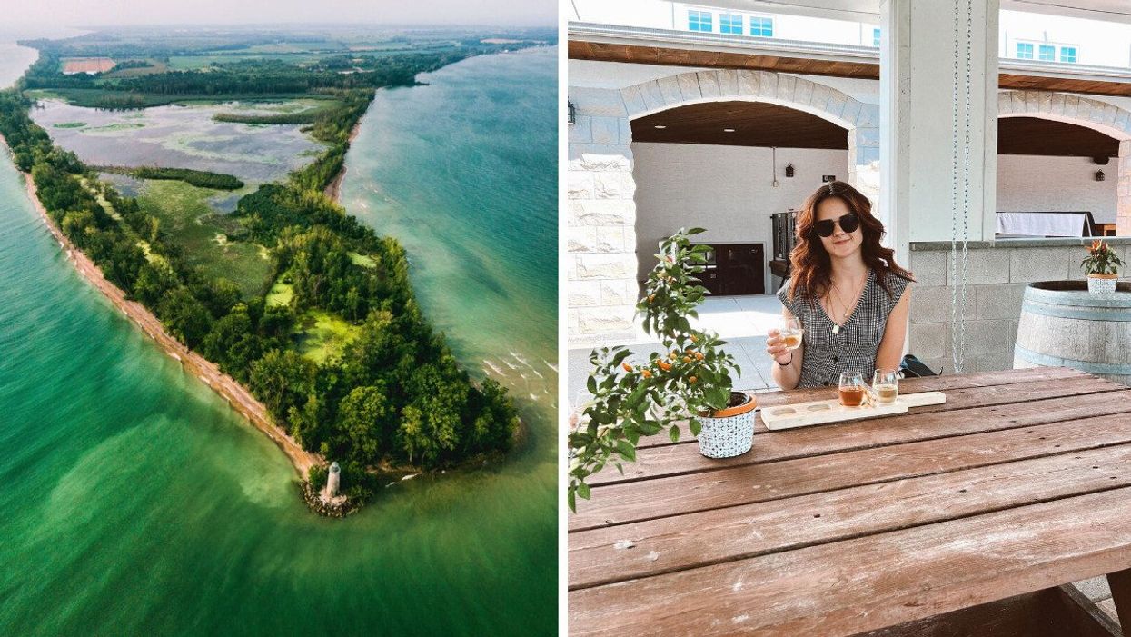 Island surrounded by turquoise water. Right: A person drinking wine at a picnic table.