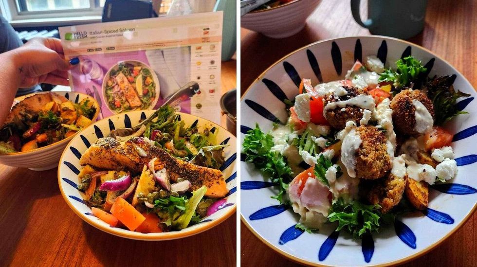 Italian-Spiced Salmon with Tuscan-Inspired Salad from Hello Fresh. Right: Falafel Platters with Roasted Potatoes and Garlic Hummus Drizzle from Hello Fresh.