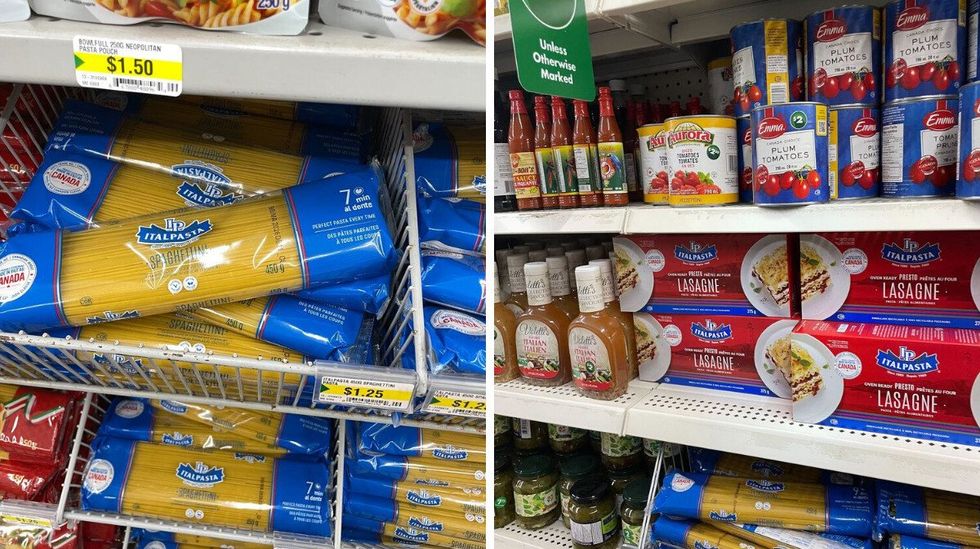 italpasta bags at dollarama. right: italpasta on shelves at dollar tree.