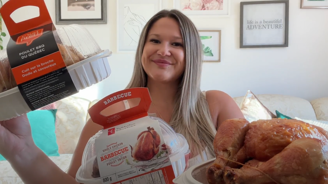 Izabelle Bee avec les poulets rôtis : IGA, Choix du Président (Maxi) et Kirkland (Costco).