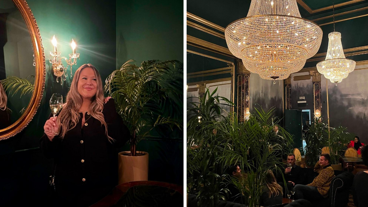 Izabelle Bee dans l'entrée du Club Saint-Denis, une coupe à la main. Droite : La salle de bal d'un club privé.