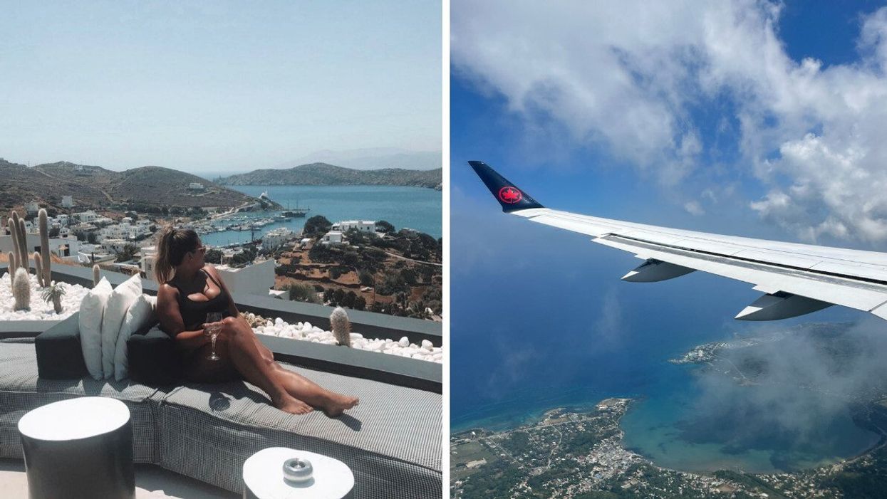 Izabelle Bee devant la vue à Mykonos. Droite : Aile d'un avion d'Air Canada en plein vol vu d'un hublot.
