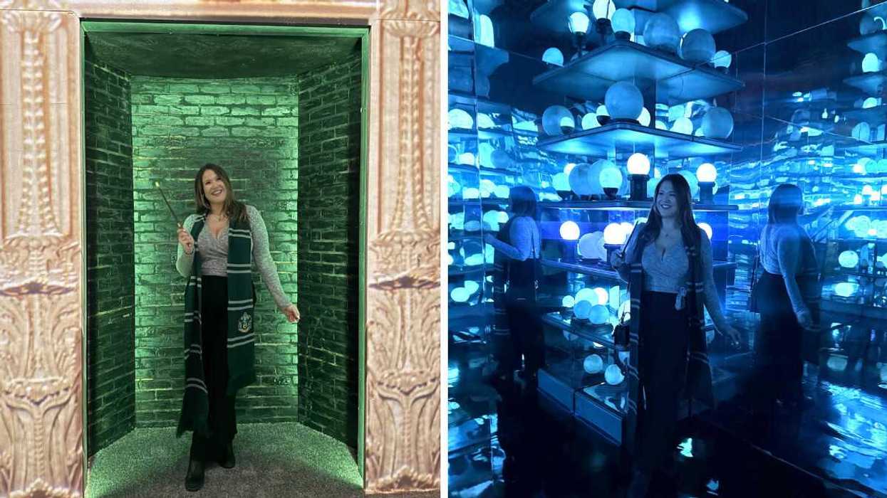 Izabelle Bee en Serpentard à l'exposition immersive Harry Potter. Droite : Izabelle Bee à l'exposition immersive Harry Potter.