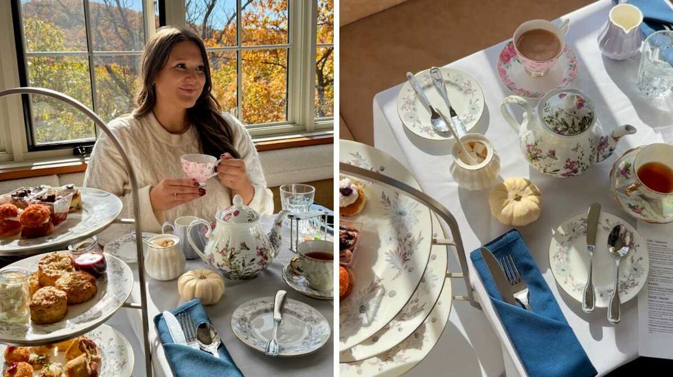 Izabelle Bee prend le th\u00e9 au Ad\u00e8le, le restaurant de la Maison O'Brien. Droite : La table pendant le th\u00e9 \u00e0 l'anglaise.