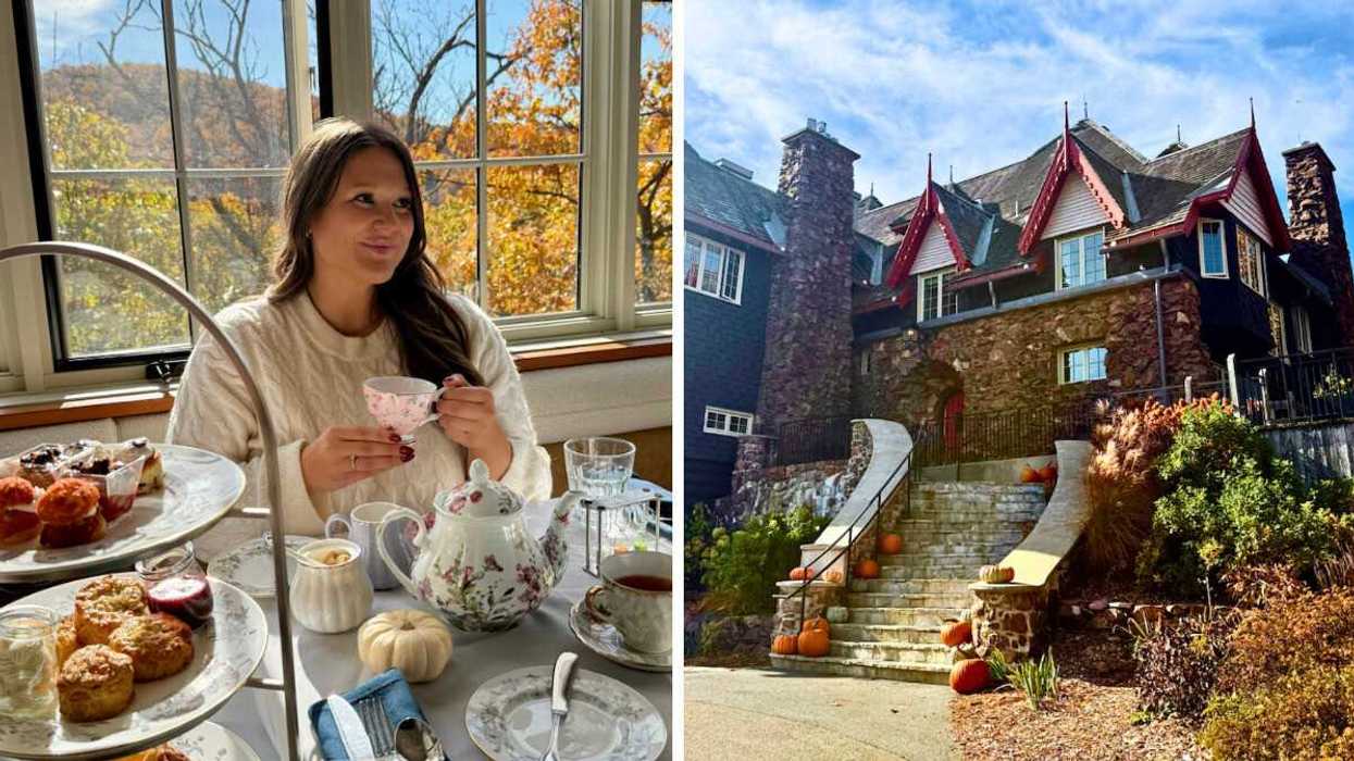 Izabelle Bee prend le thé au Adèle, le restaurant de la Maison O'Brien. Droite : La Maison O'Brien à Chelsea, maintenant un hôtel-boutique.