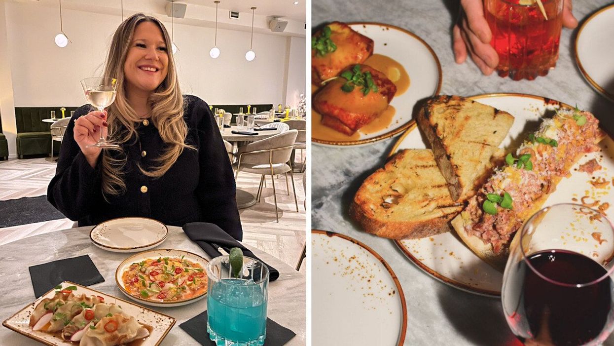 Izabelle Bee qui tient son cocktail assise au restaurant Le Godot. Droite : Tartare de boeuf, tapas et cocktails sur une table.