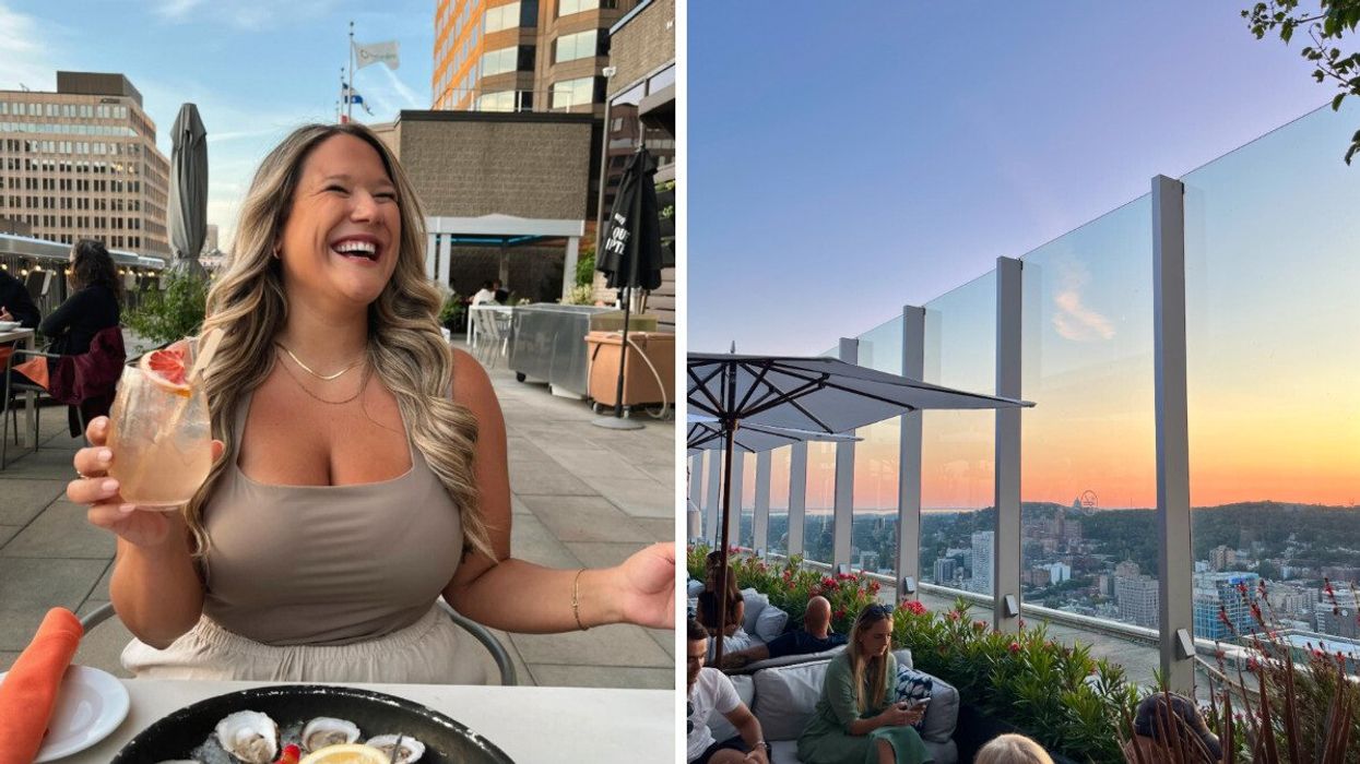 Izabelle Bee sur la terrasse du Bivouac. Droite : La vue de la terrasse Rose Orange.