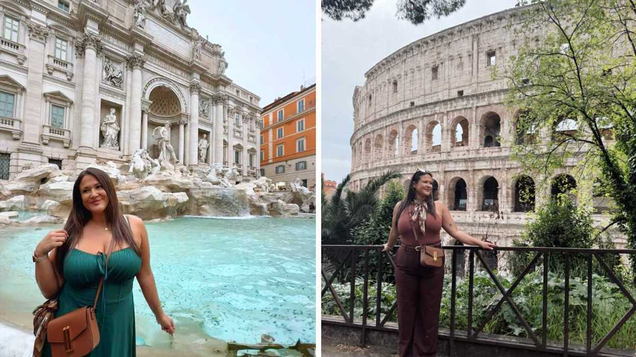 Izabelle devant la fontaine de Trevi. Droite : Izabelle devant le Colisée de Rome en Italie.