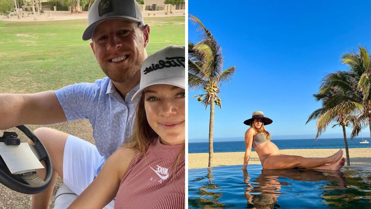 J.J. Watt and his wife Kealia Ohai taking a selfie. Right: J.J. Watt's wife Kealia Ohai in a swimsuit posing for a picture.