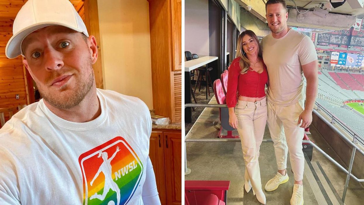 J.J. Watt taking a selfie. Right: J.J. Watt poses with his wife Kealia.